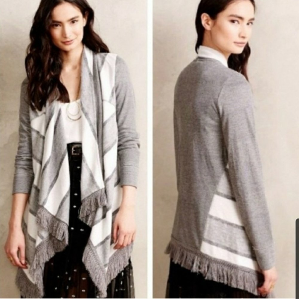 Anthro Saturday Sunday Gray & White Elise Fringed Waterfall Open Front Cardigan
